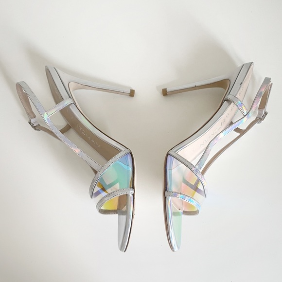 NEW Stuart Weitzman Mondrian 100 Sandal Heel Holographic Silver Aurora Chrome - Picture 4 of 9
